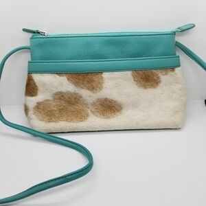 ili New York turquoise leather crossbody with cream and brown calf hair